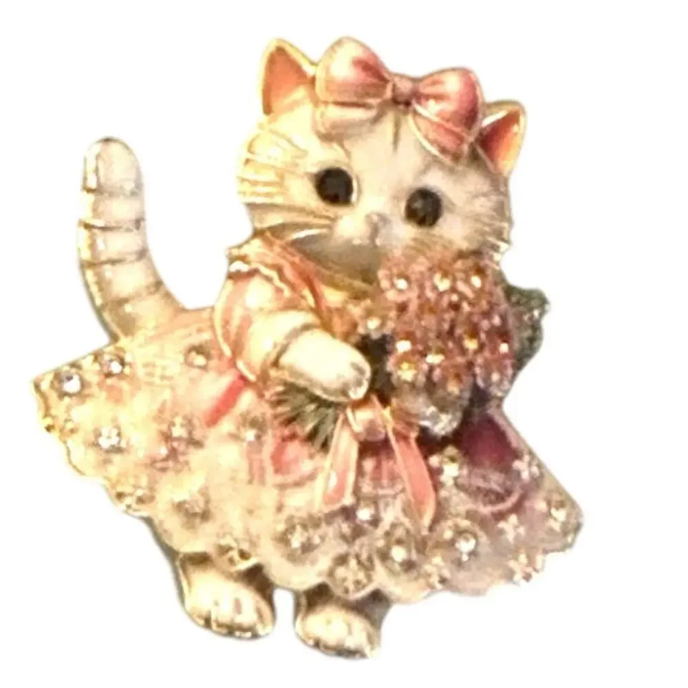 NWT Adorable Pink Cat Brooch Pin Florals Rhinestone